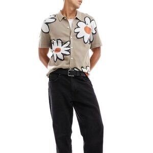 Abercrombie & Fitch Men's White Retro Floral Button Through Knit Polo‎ Size M